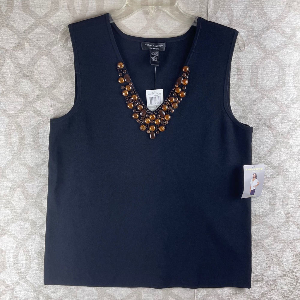 Cable & Gauge Woman 1X Black Beaded V-Neck Sleeveless Knit Top NWT Viscose Blend
